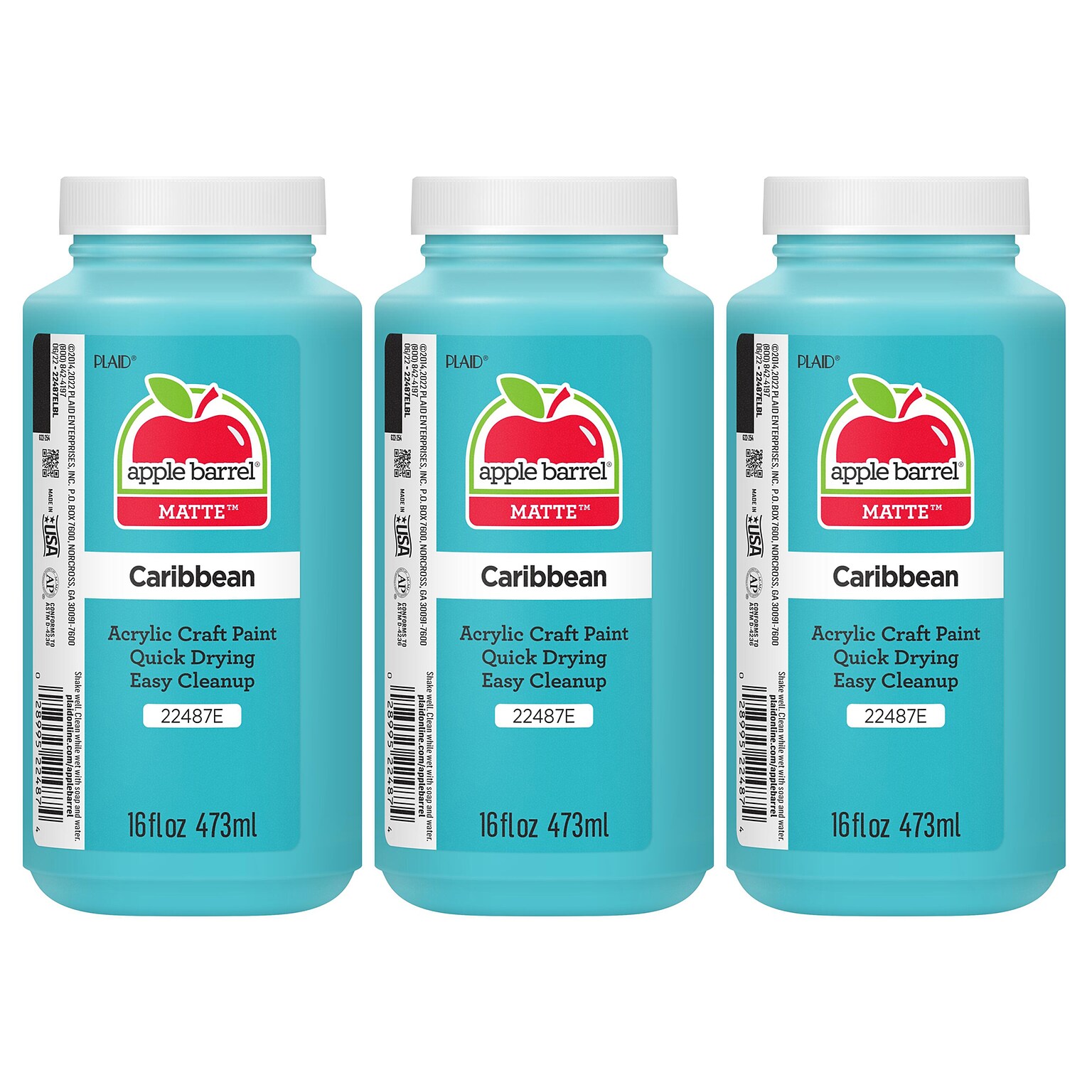 Apple Barrel Acrylic Paint Matte, 16oz., Caribbean, 3/Pack(APP22487E-3)