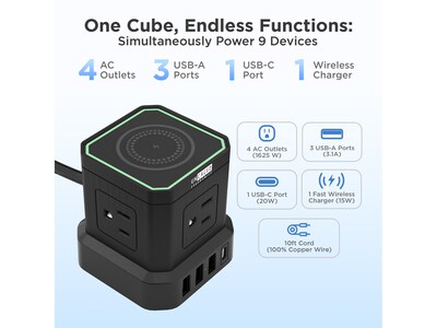 Uncaged Ergonomics Cube 4-Outlet 4-USB Port Surge Protector, 10', Black (WC-10-b)
