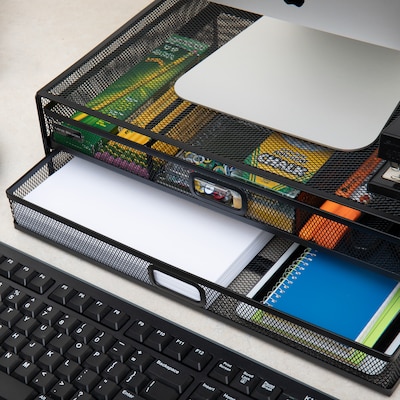 Mind Reader Monitor Stand Laptop Riser with Storage Drawer, Black (2TDMESHY-BLK)