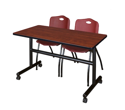 Regency Kobe 48 Flip Top Mobile Training Table- Cherry & 2 M Stack Chairs- Burgundy