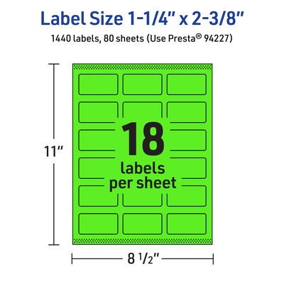 Avery Laser/Inkjet Multipurpose Rectangle Labels, 1-1/4" x 2-3/8", Neon Green, 1440/Box (94227)
