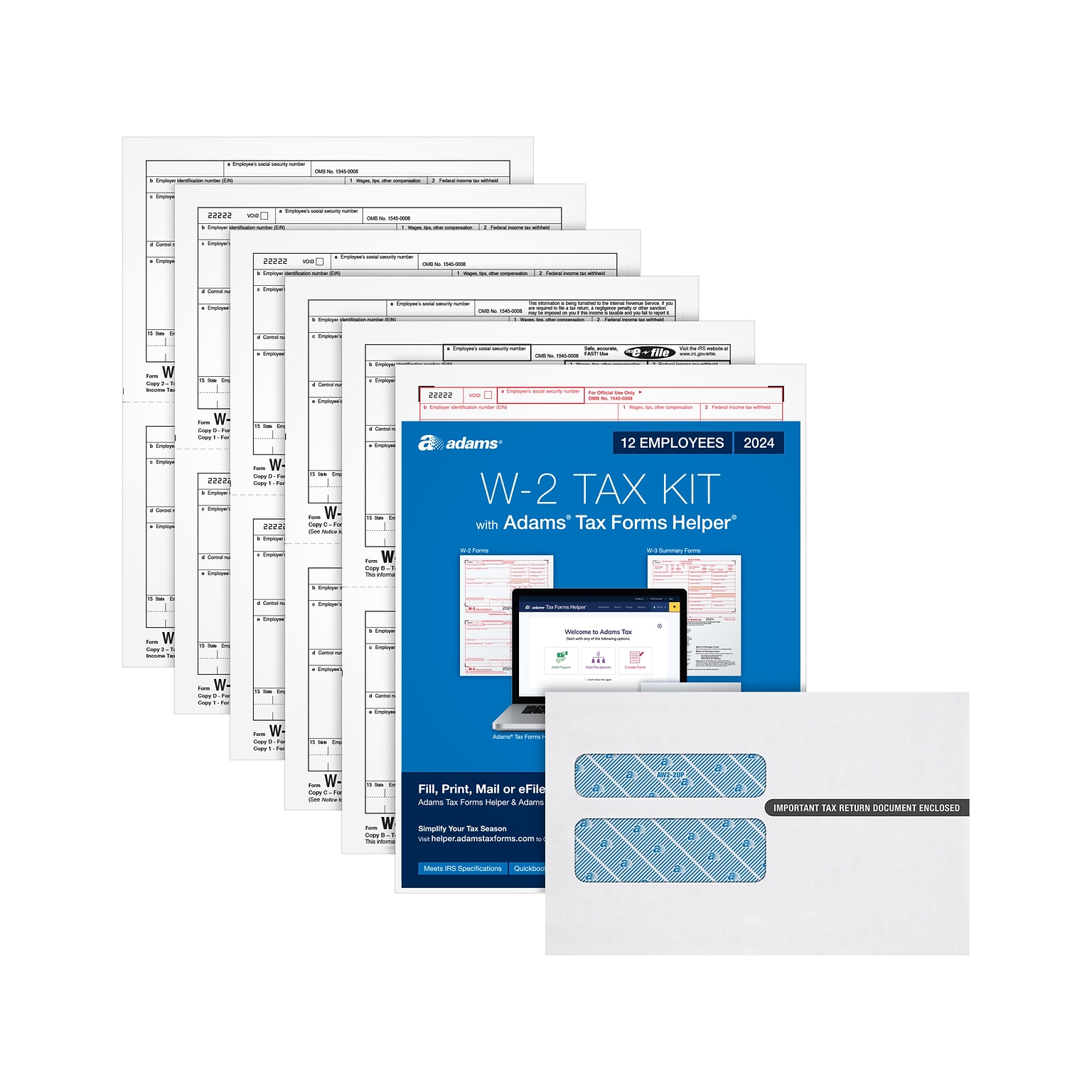 Adams 2024 W-2 Tax Form with Self-Seal Envelopes and Access to Tax Forms Helper, 6-Part, 2-Up, Copy A, 1, B, C, 2, D, 12/Pack