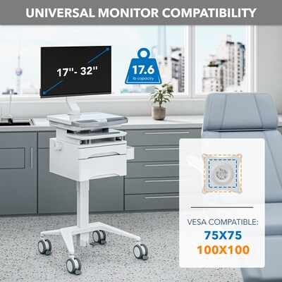 Mount-It! MedHub Mobile Medical Cart Workstation with Drawers, Monitor Mount, and Locking Caster Wheels, White/Grey (MI-16025)