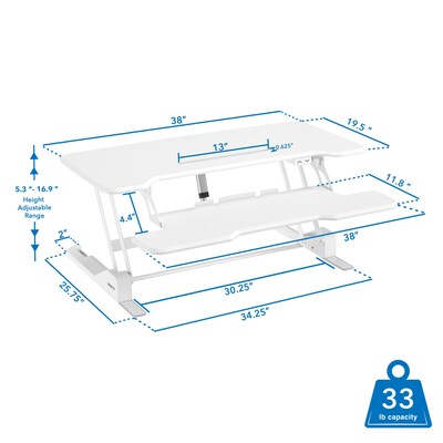 Mount-It! 38"W Electric Rectangular Adjustable Standing Desk Converter, White (MI-8012)