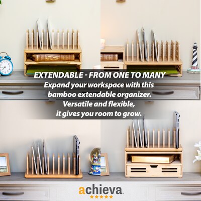 Officemate Bamboo Desk Accessories 9-Compartment Stackable Bamboo Multi-Supply Holder Desk Organizer, Natural Wood Grain (71002)