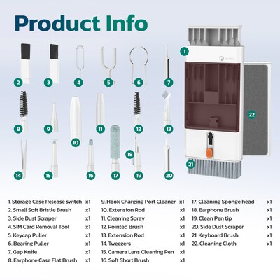 Purely D58 22-in-1 Computer and Keyboard Cleaning Brush Kit with Storage Tray, White (PCKOD58)