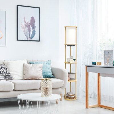 Simple Designs Etagere Organizer Storage 62.5" Floor Lamp with 2 USB Charging Ports and 1 Charging Outlet, Tan (LF2010-TAN)