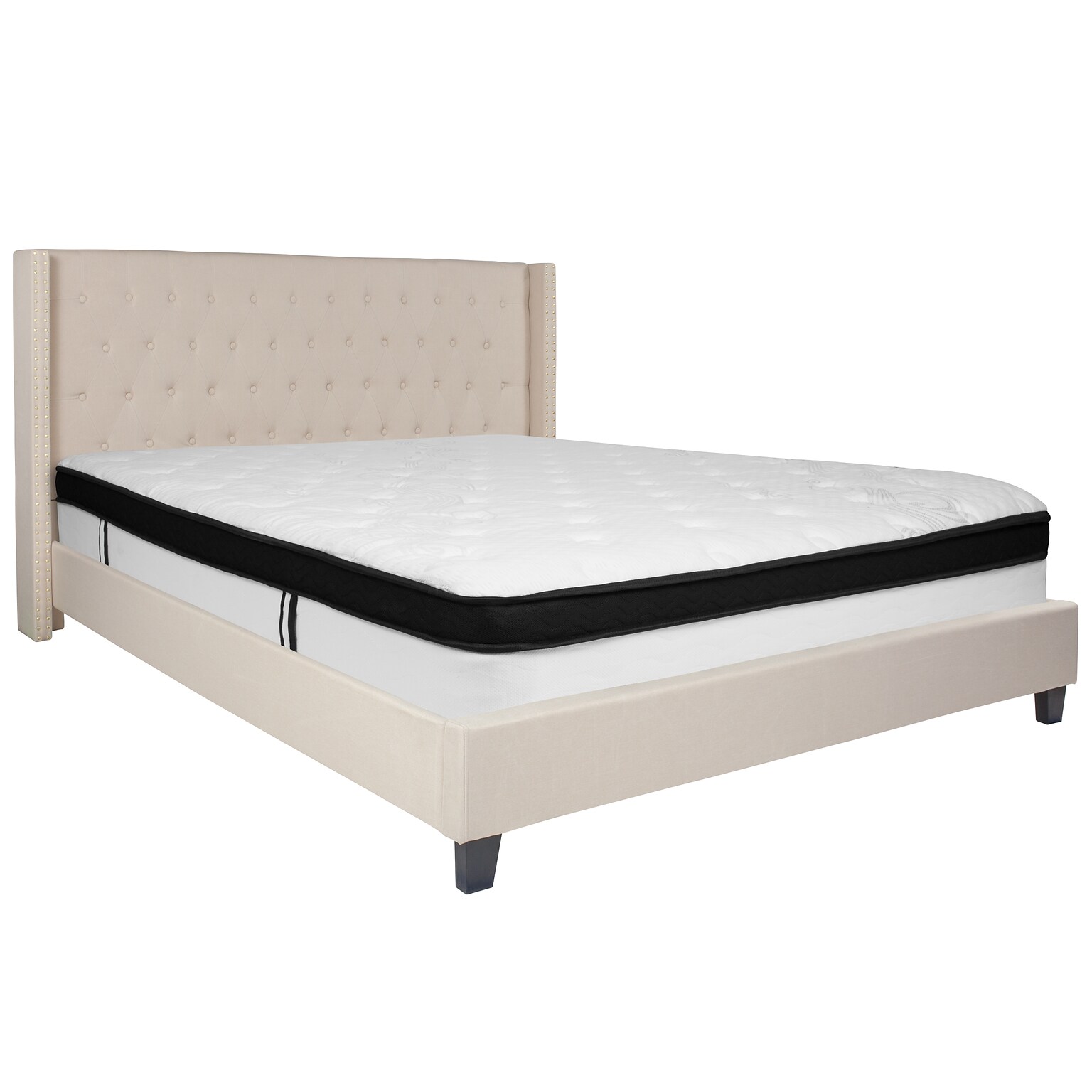 Flash Furniture Riverdale Tufted Upholstered Platform Bed in Beige Fabric with Memory Foam Mattress, King (HGBMF36)