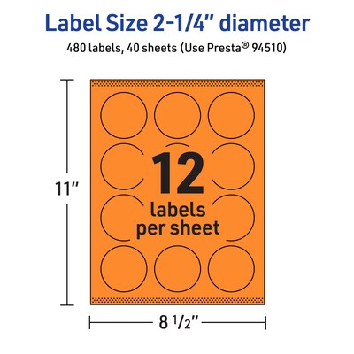 Avery Laser/Inkjet Multipurpose Circle Labels, 2.25" Dia., Bright Orange, 480/Pack (94510)