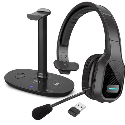 Delton 20X Noise Canceling Bluetooth Mono Computer Headset With HS1 Wireless Charging Station, Black (DHSWC120XD)