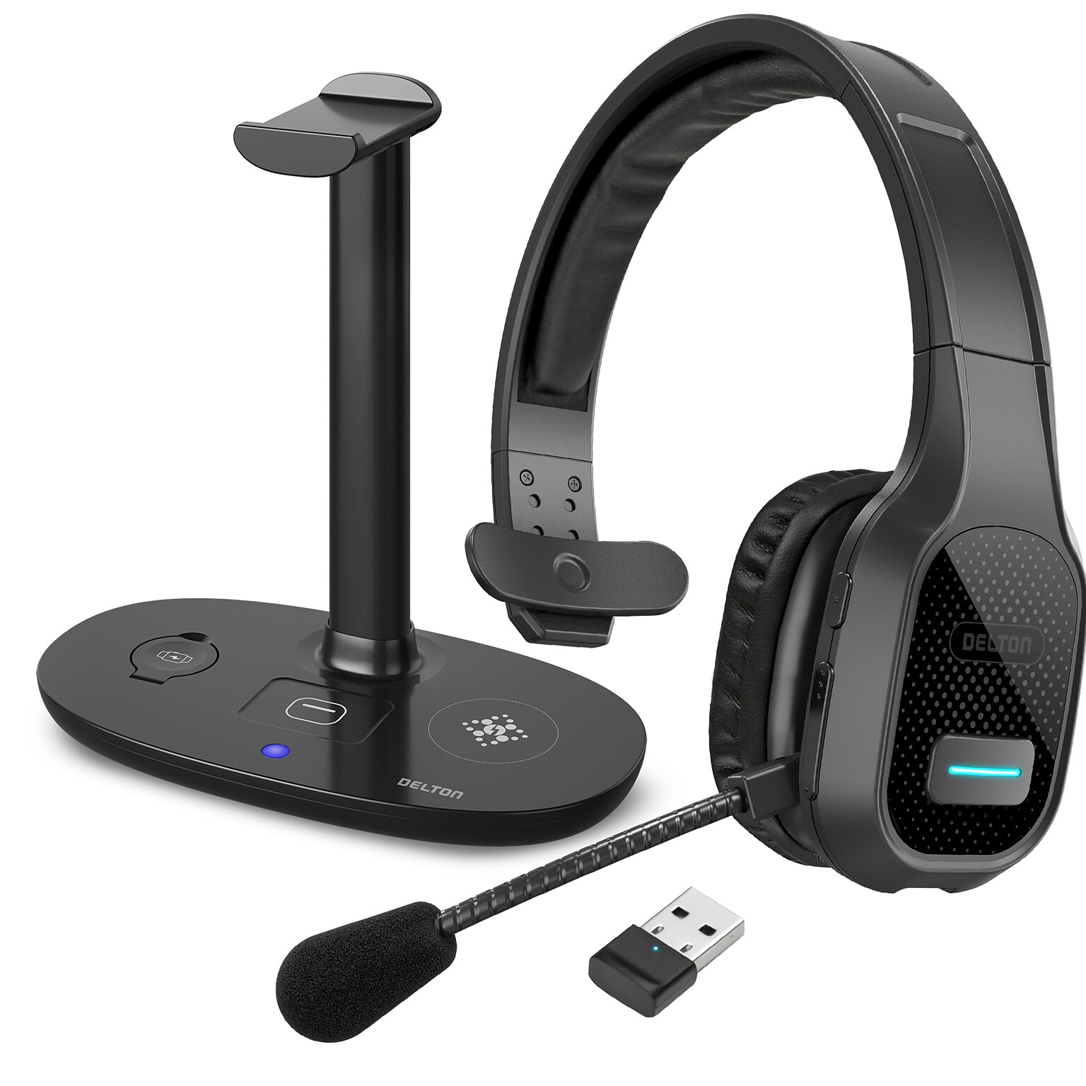 Delton 20X Noise Canceling Bluetooth Mono Computer Headset With HS1 Wireless Charging Station, Black (DHSWC120XD)