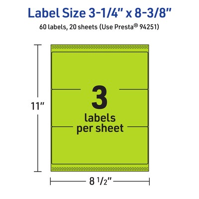 Avery Printable Rectangle Multipurpose Labels, 3-1/4" x 8-3/8", Bright Green, 60/Pack (94251)