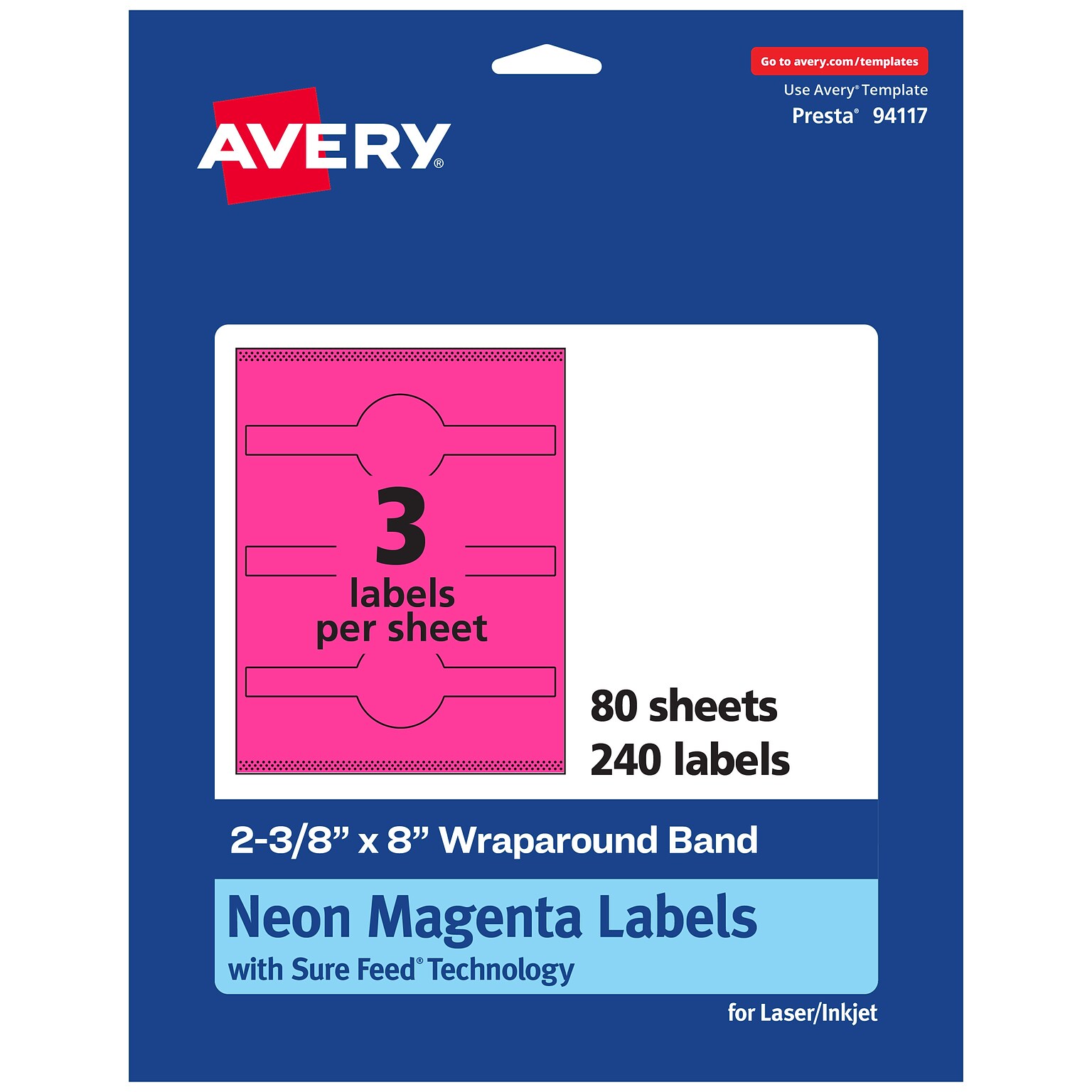Avery Cigar Laser/Inkjet Multipurpose Labels, 2-3/8 x 8, Neon Magenta (240/Box)