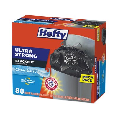 Hefty® Ultra Strong BlackOut Tall-Kitchen Drawstring Bags, 13 gal, 0.9 mil, 23.75" x 24.88", Black, 80 Bags/Box, 3 Boxes/Carton