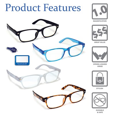 Boost Eyewear Reading Glasses Blue Light Blockers +1.25 Rectangular Frames Assorted Colors (20125-4P