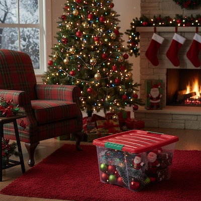 Iris Holiday Medium Stackable Plastic Storage Box, 10.5" x 14.4" x 18.5", 32 Qt., Clear/Red, 4/Pack (500532)