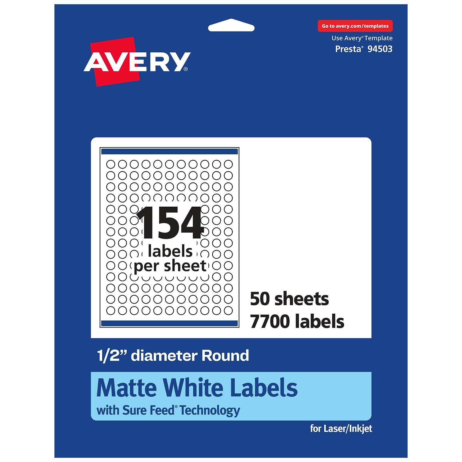 Avery Laser/Inkjet Round Multipurpose Labels, 0.5 Dia, Matte White, 7700 Labels/Box (94503)