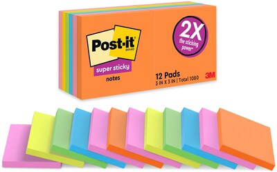 Post-it® Super Sticky Notes, 3 x 3, Energy Boost Collection, 90 Sheets/Pad, 12 Pads/Pack (654-12SS
