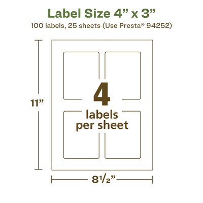 Avery EcoFriendly Laser/Inkjet Rectangle Multipurpose Labels, 4" x 3", White, 100/Pack (94252)