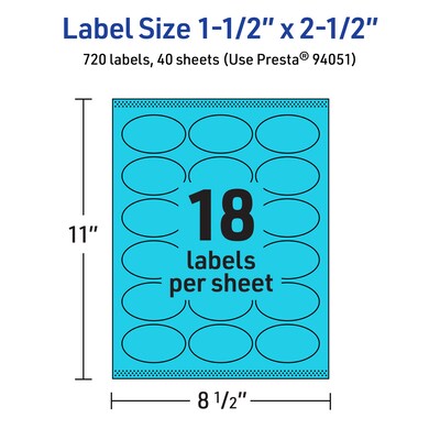 Avery Printable Oval Multipurpose Labels, 1.5" x 2.5", Bright Blue, 720/Pack (94051)