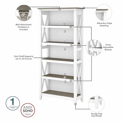 Bush Furniture Key West 5-Shelf 66"H Bookcase, Shiplap Gray/Pure White (KWB132G2W-03)