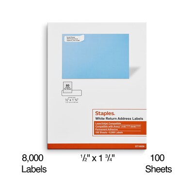 Staples® Laser/Inkjet Address Labels, 1/2" x 1 3/4", White, 80 Labels/Sheet, 100 Sheets/Pack, 8000 Labels/Box (ST18056-CC)