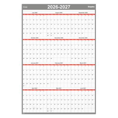 2026-2027 Staples 32 x 48 Academic Yearly Dry Erase Wall Calendar, Reversible, White/Red/Gray (ST54274-27)