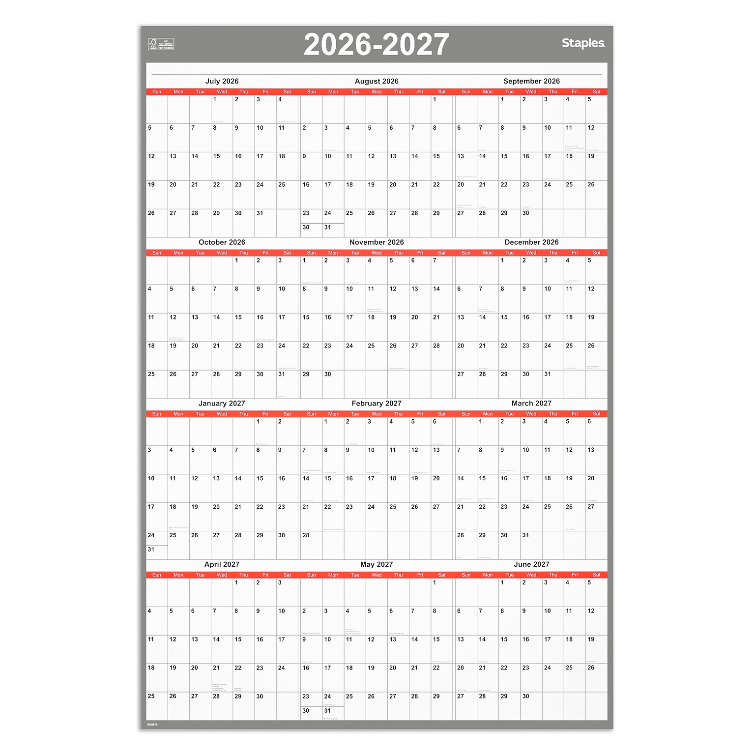 2026-2027 Staples 32 x 48 Academic Yearly Dry Erase Wall Calendar, Reversible, White/Red/Gray (ST54274-27)