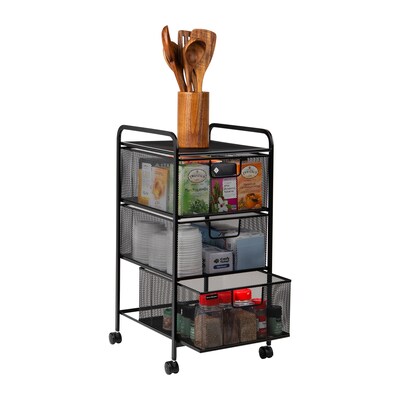 Mind Reader 3 Shelf Steel Mobile Desk and Bathroom Storage Cart with Wheels, Black (3VERTM-BLK)