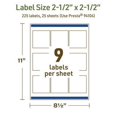 Avery Dissolvable Square Multipurpose Labels, 2.5" x 2.5", Off-white, 225/Pack (94104)