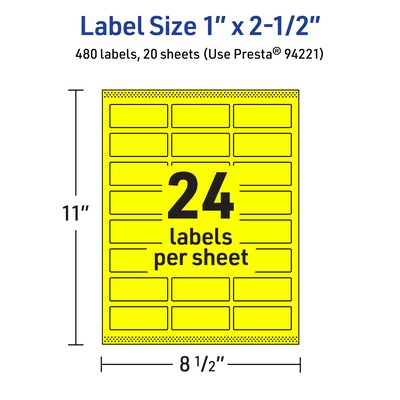 Avery Laser/Inkjet Rectangle Multipurpose Labels, 1" x 2.5", Neon Yellow, 480/Pack (94221)