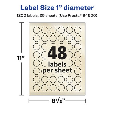 Avery Laser/Inkjet Round Multipurpose Labels, 1" Dia., Ivory, 1,200 Labels/Pack (94500)