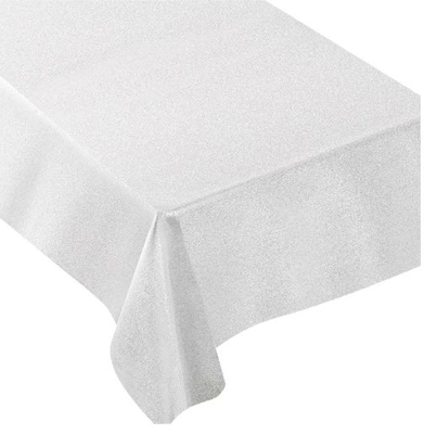JAM PAPER Premium Shimmer Fabric Tablecloth, Long Rectangle 60 x 104 inch, Metallic White Silver, 1