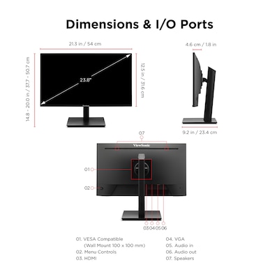 ViewSonic 24" FHD 120Hz LCD Monitor, Height Adjustable, Black (VA2448-MHJ)