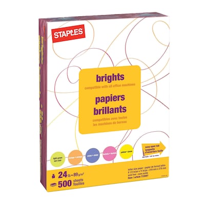 Staples Brights Multipurpose Colored Paper, 24 lbs., 8.5 x 11, Assorted Neon, 500/Ream (20201)