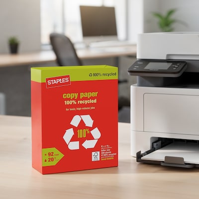 Staples 100% Recycled 8.5" x 11" Copy Paper, 20 lbs., 92 Brightness, 500/Ream (620016)