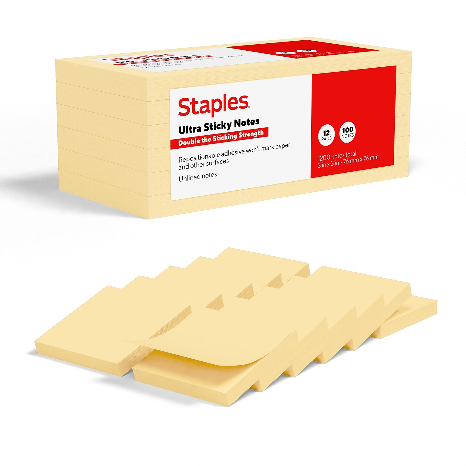 Staples Ultra Sticky Notes, 3 x 3, Sunshine Collection, 100 Sheets/Pad, 12 Pads/Pack (ST62887)