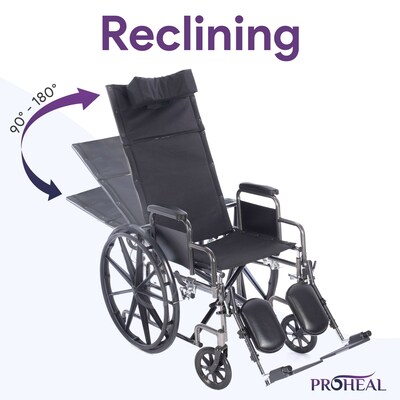 ProHeal Chariot Reclining 18 Wheelchair, Headrest Support w/ Removable Full Arms, 300 lb. Capacity,