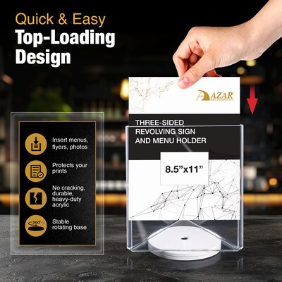 Azar Displays 8.5" x 11" Three-Sided Revolving Sign and Menu Holder, TopLoading, White Acrylic (193732-WHT)