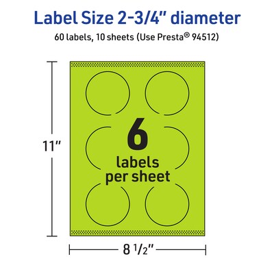 Avery Laser/Inkjet Multipurpose Circle Labels, 2.75" Dia., Bright Green, 60/Pack (94512)