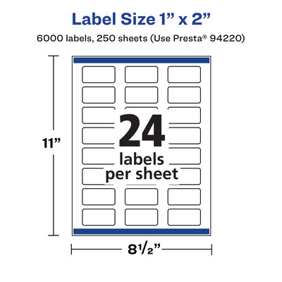 Avery Laser/Inkjet Rectangle Multipurpose Labels, 1" x 2", White, 6000 Labels/Box (94220)