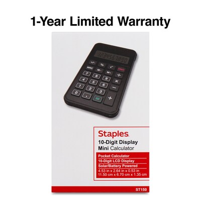 Staples 10-Digit Solar and Battery Basic Calculator, Black (ST150-CC)