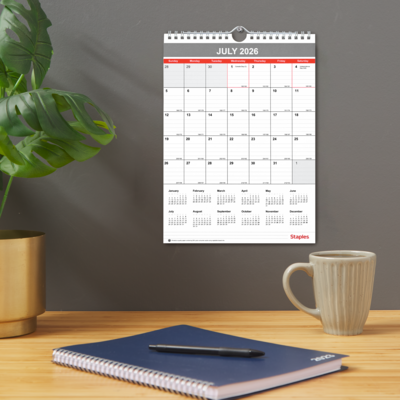 2026-2027 Staples 8" x 11" Academic Monthly Wall Calendar, White/Red/Gray (ST62815-27)