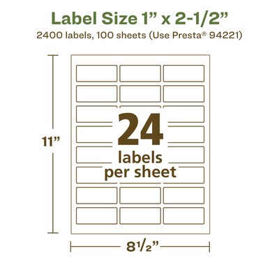 Avery EcoFriendly Laser/Inkjet Rectangle Multipurpose Labels, 1" x 2-1/2", White, 2400/Box (94221)