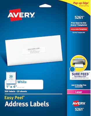 Avery Easy Peel Laser Address Labels, 1 x 4, White, 20 Labels/Sheet, 25 Sheets/Pack   (5261)