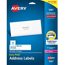 Avery Easy Peel Laser Address Labels, 1 x 4, White, 20 Labels/Sheet, 25 Sheets/Pack   (5261)