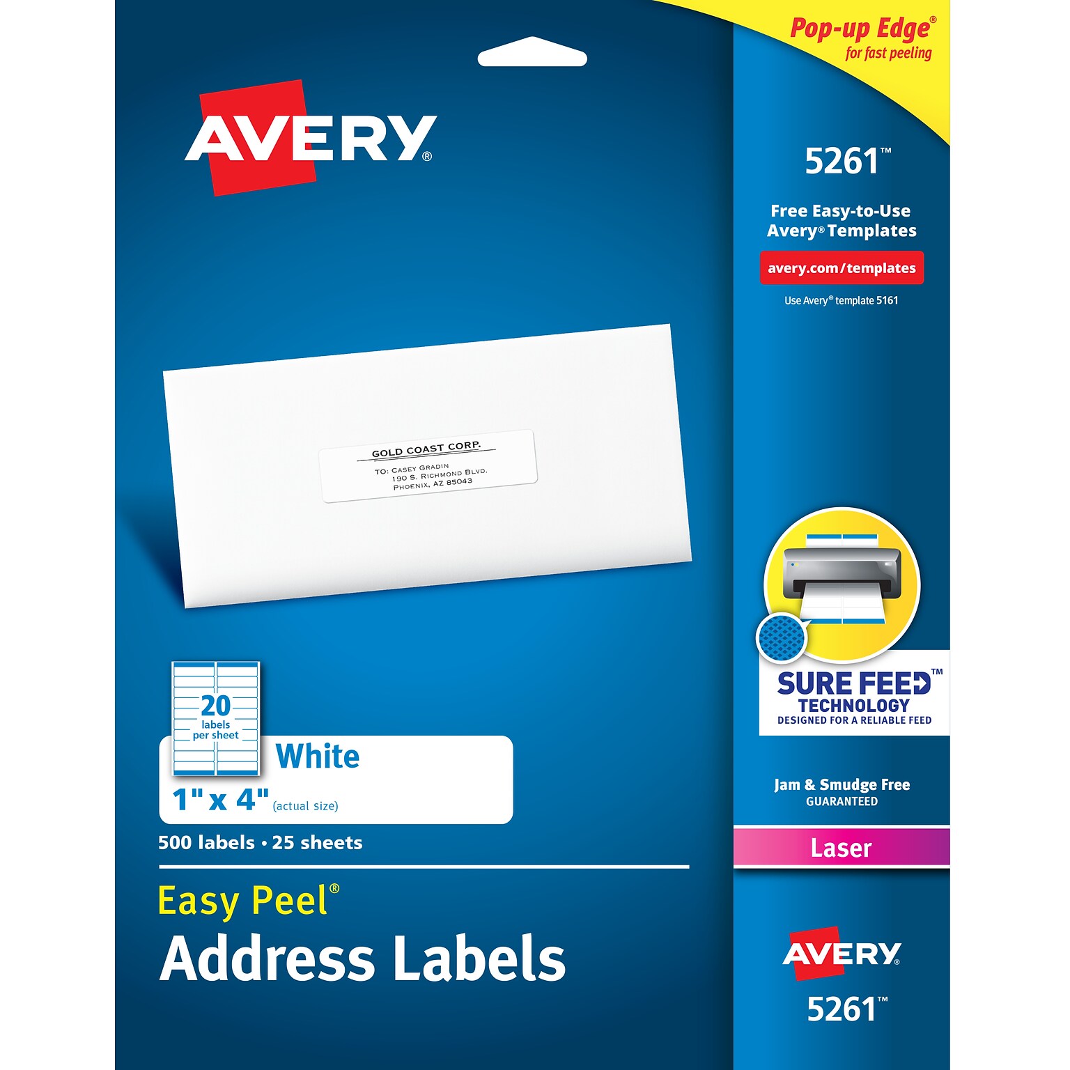 Avery Easy Peel Laser Address Labels, 1 x 4, White, 500 Labels/Pack (5261)