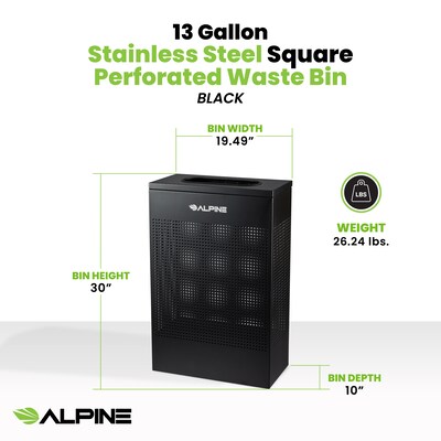 Alpine Industries Stainless Steel Trash Can, 13 Gallon, Black (ALP438-13-BLK)