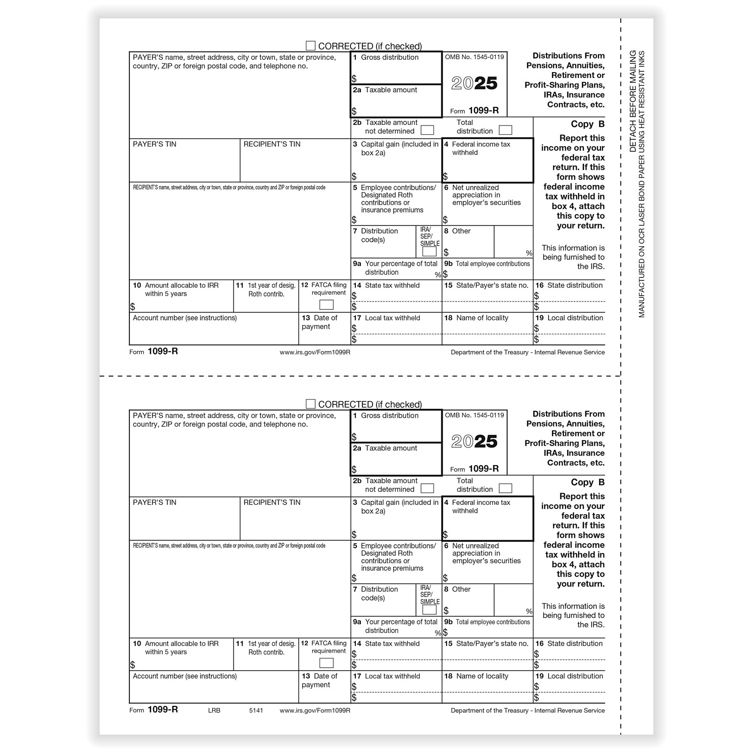 ComplyRight 2025 1099-R Tax Form, 1-Part, 2-Up, Recipient Copy B, 50/Pack (514150)