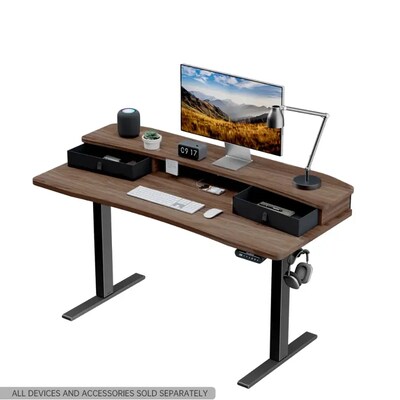 Huanuo 55"W Electric Rectangular Adjustable Standing Desk with Riser and Drawers, Walnut (HNESD101WN)